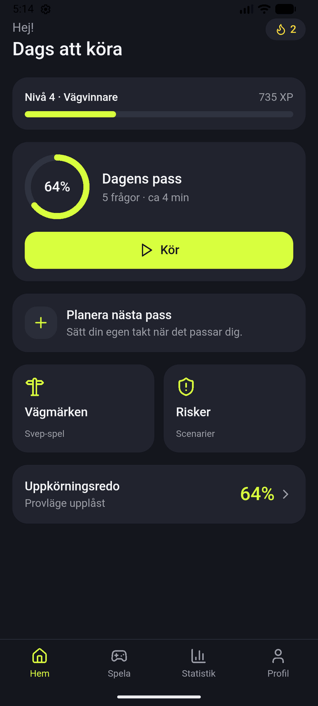 Uppkörd-appen på en mobil: dagens pass och Uppkörningsredo